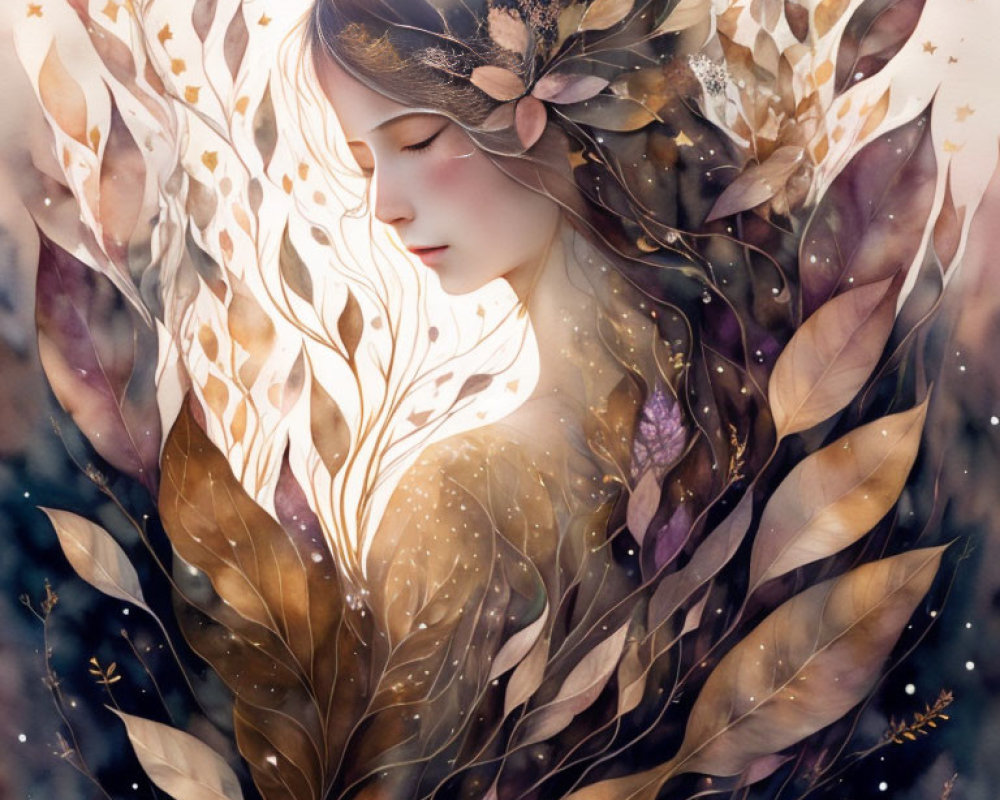 Ethereal woman surrounded by golden leaves and white flowers