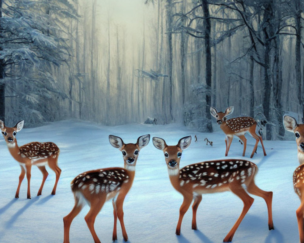 Spotted deer in snowy forest with mist and tall trees