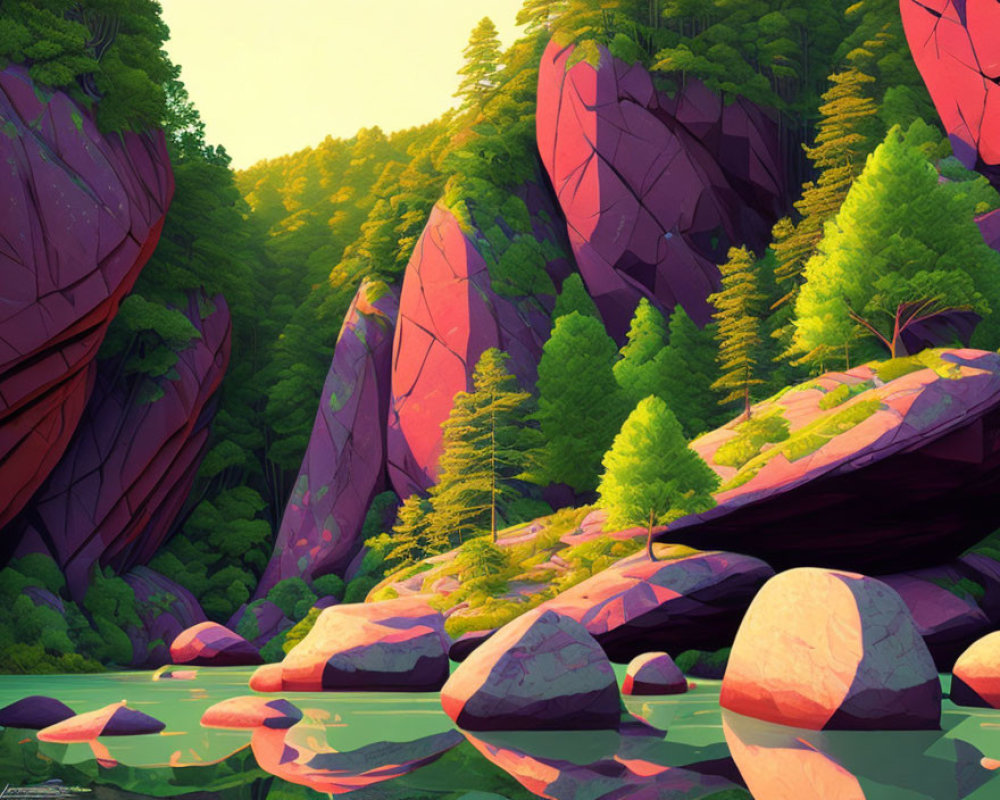 Colorful Forest River Scene with Rocks and Trees