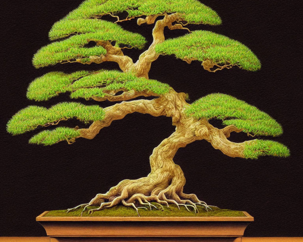 Meticulously cared for bonsai tree with lush green foliage and twisted roots on dark background