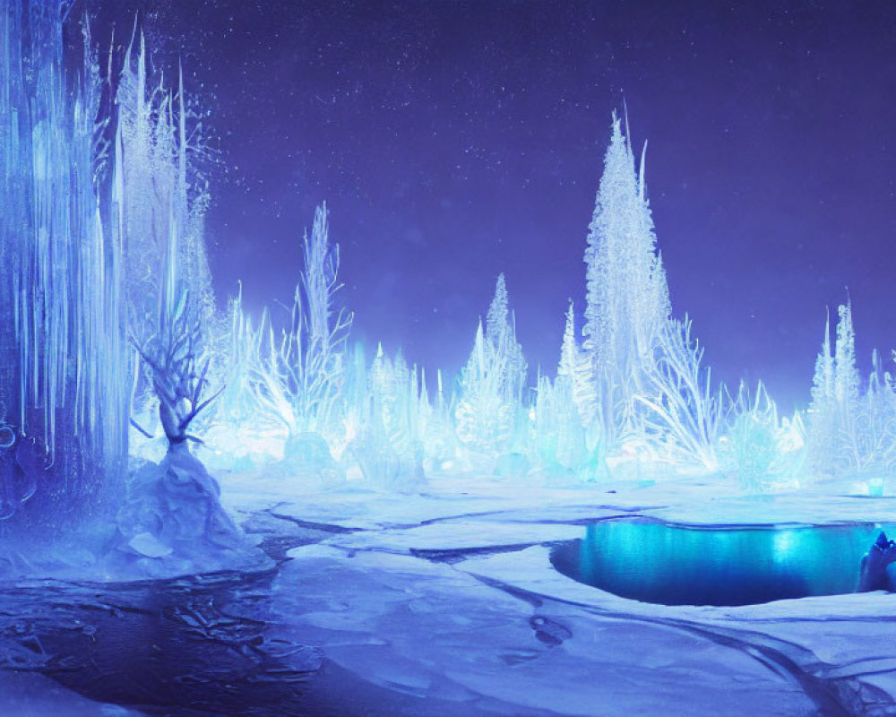 Mystical winter night scene with glowing blue lights, frozen pond, and person by water