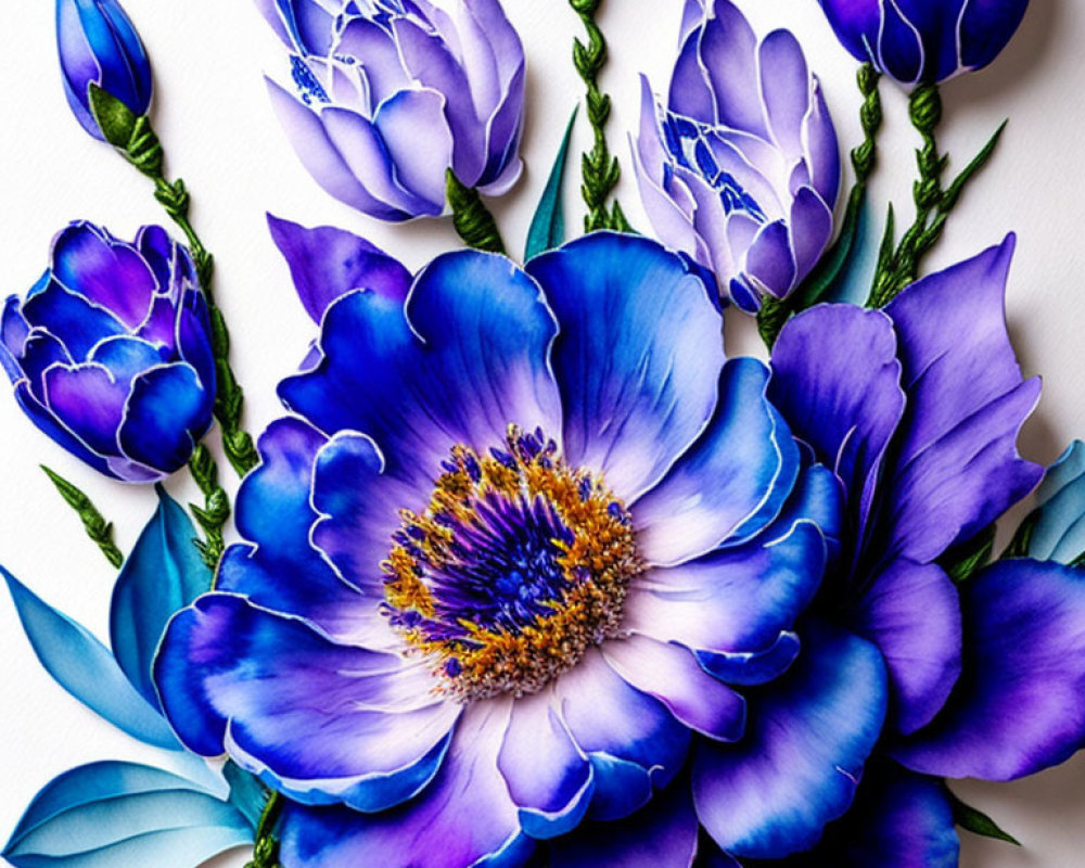 Intricate Blue Paper Craft Flowers on White Background