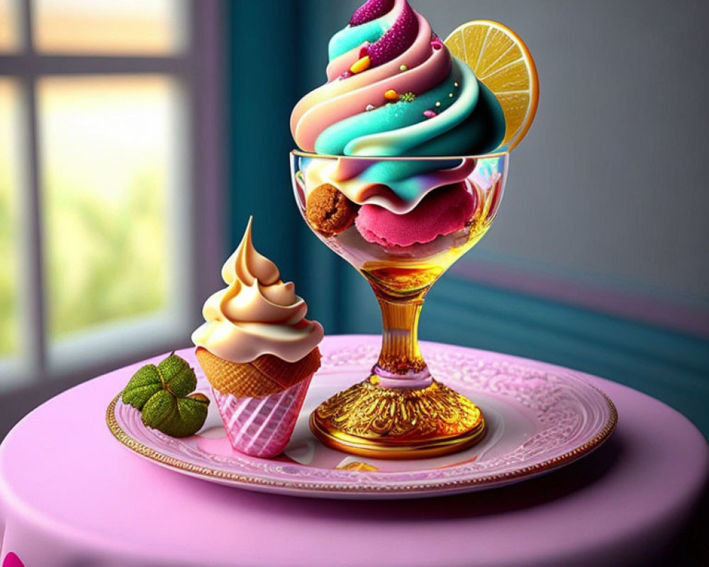 Vibrant pastel ice cream swirl with lemon slice, mini cone, and cookies on pink plate