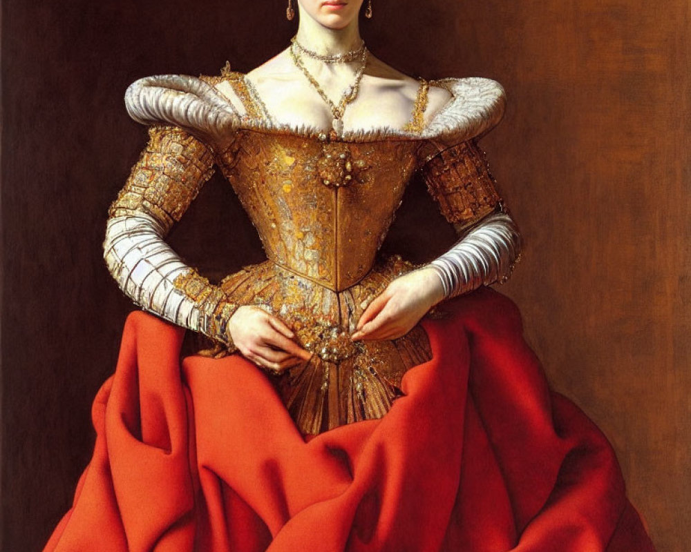 Portrait of stern woman in 16th-century dress with gold embroidery and red skirt holding a fan