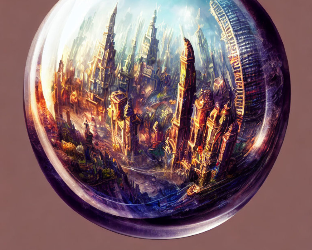 Crystal sphere containing fantastical cityscape with towering spires and warm glow