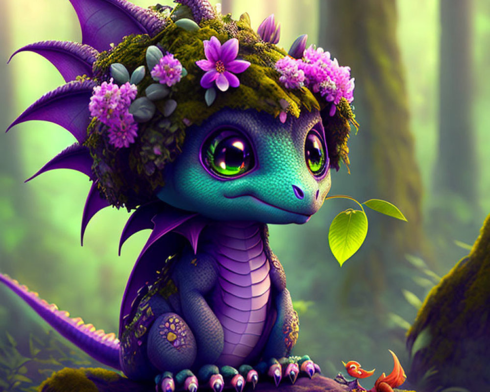 Colorful Illustration: Purple Dragon with Green Eyes in Forest