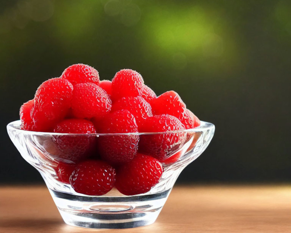 Fresh Ripe Strawberries on Wooden Surface with Blurred Green Background