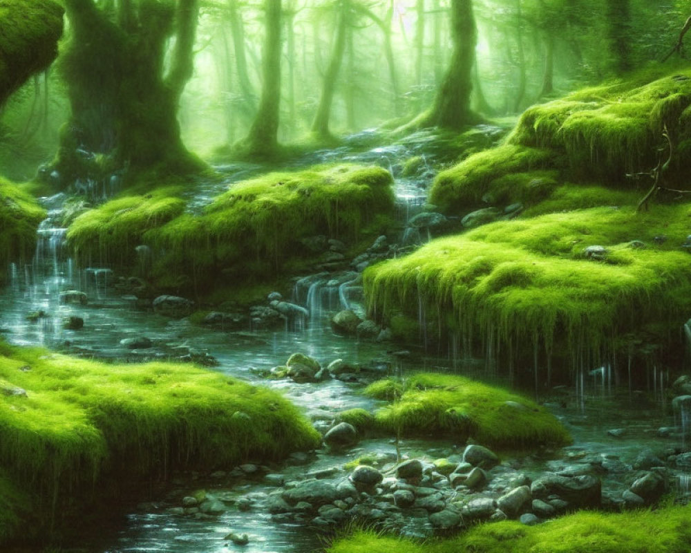 Moss-covered stream banks in mystical green forest with soft light.