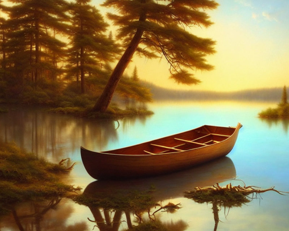 Tranquil sunset lake scene with canoe, pine trees, and reflections