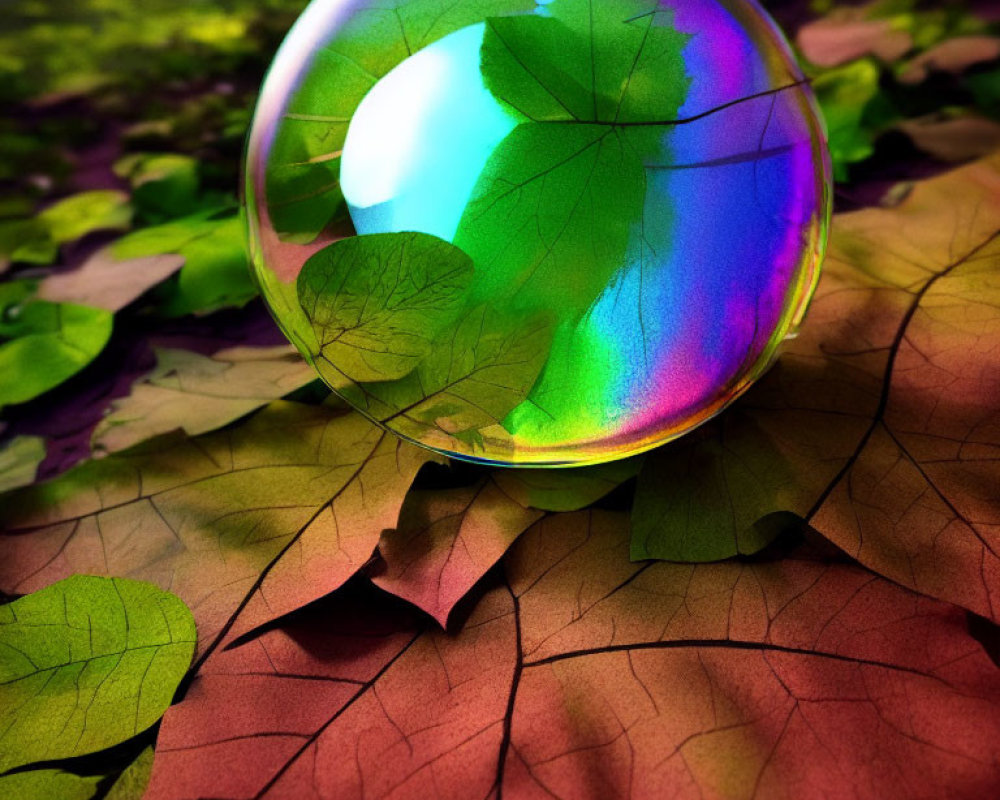 Colorful crystal ball on autumn leaves reflecting light