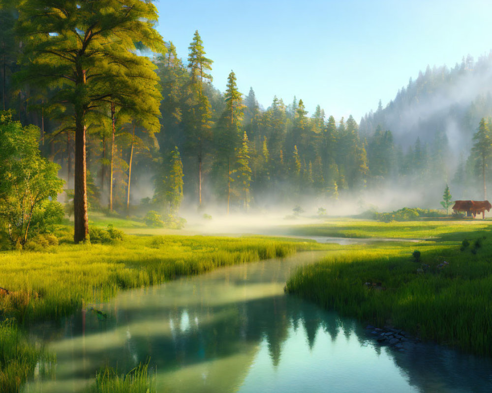 Tranquil forest scene with tall green trees, gentle river, morning mist, and warm sunlight