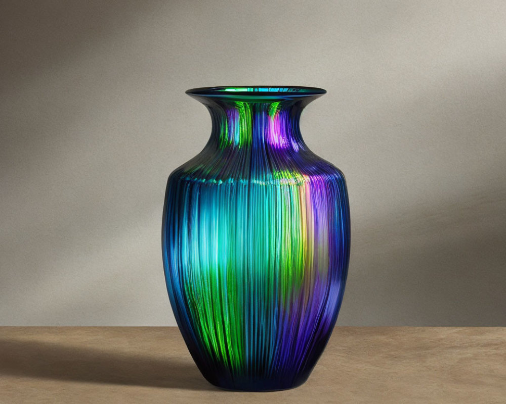 Colorful iridescent vase with blue, green, and purple streaks on beige background