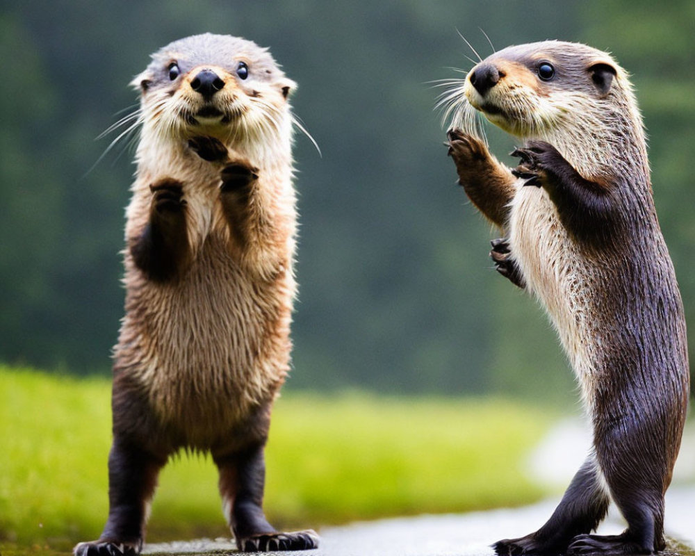 Playful otters standing on path with green background