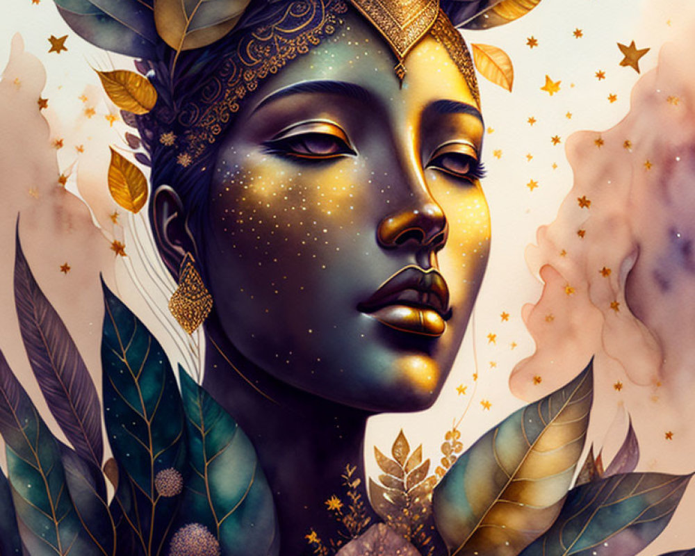 Golden-skinned person with celestial motifs and intricate headpieces in mystical setting