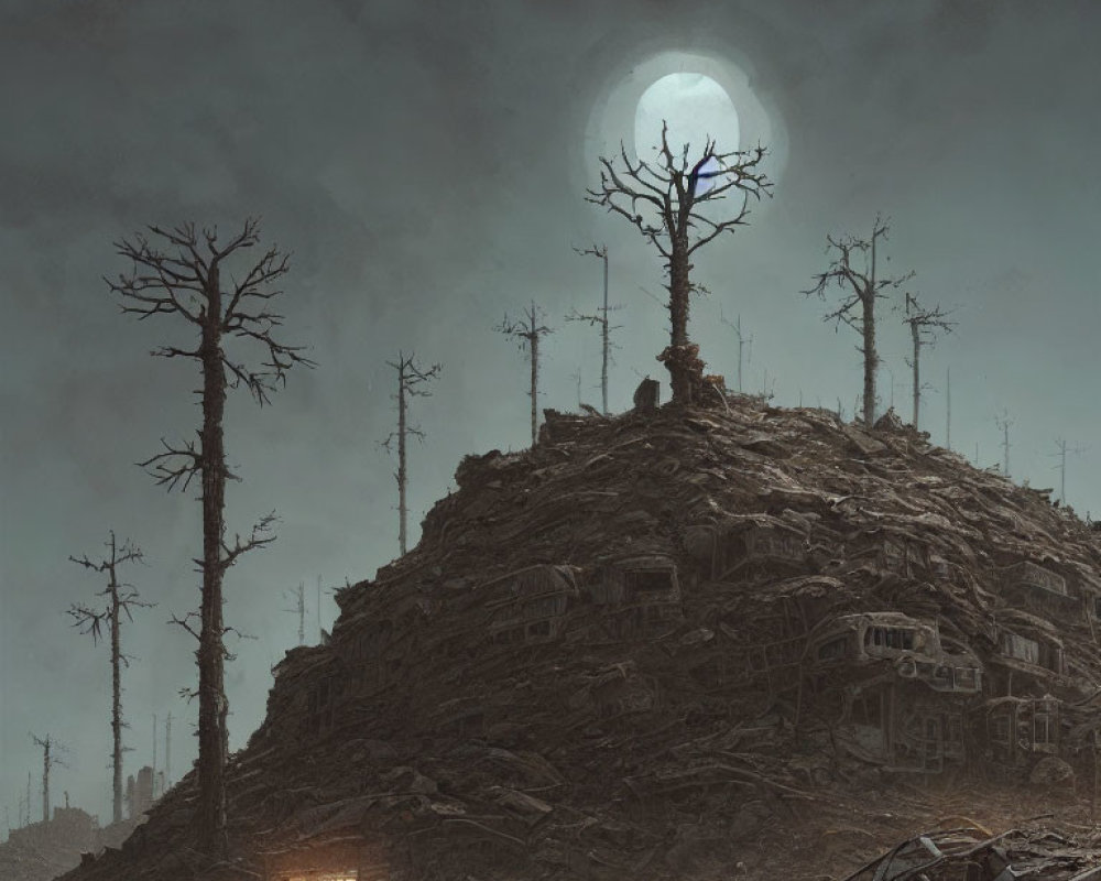 Desolate night landscape with barren trees and abandoned houses under full moon