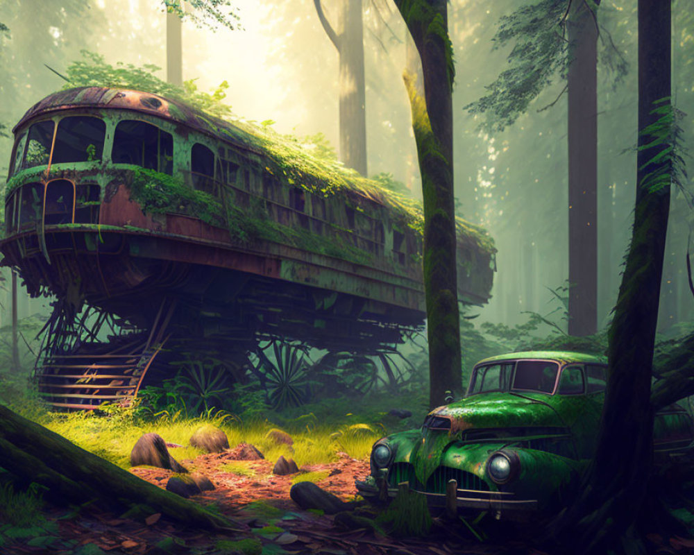 Abandoned green car and train carriage in misty forest clearing