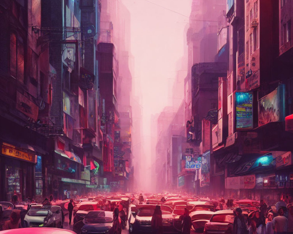 City street at dusk with neon lights and pink haze, cars and pedestrians.