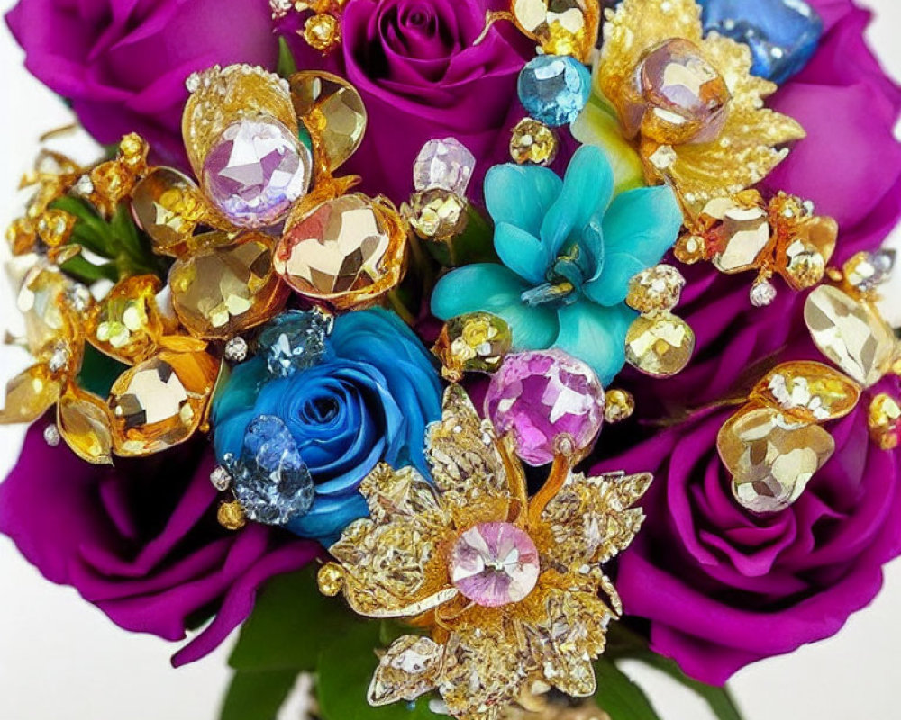 Colorful Bouquet with Purple and Blue Roses and Gemstone Embellishments