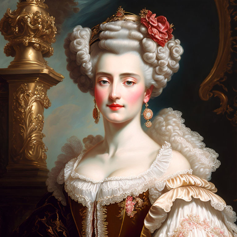 Elaborate White Wig Portrait of Woman in Gold and White Dress