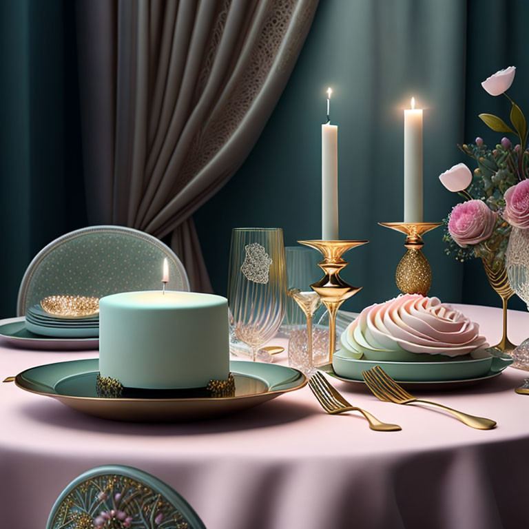 Luxurious Table Setting with Gold Cutlery, Glassware, Candles, and Rose Bouquet