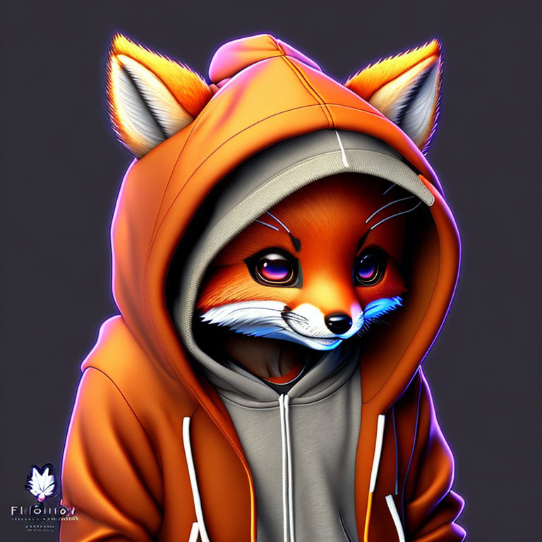 Anthropomorphic red fox in orange hoodie with ears, smiling.