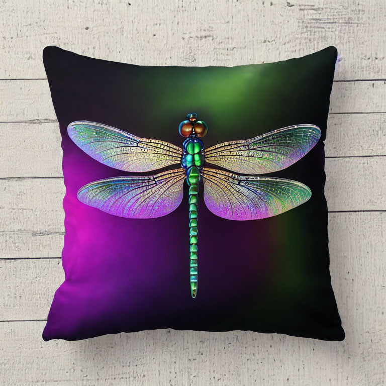 Dragonfly Cushion with Iridescent Wings on Gradient Background and Wooden Surface