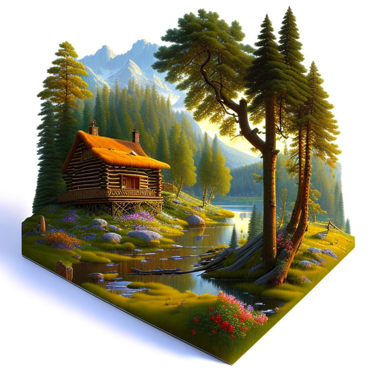 Tranquil cabin by a lake with pine trees, flowers, and mountains on floating landmass