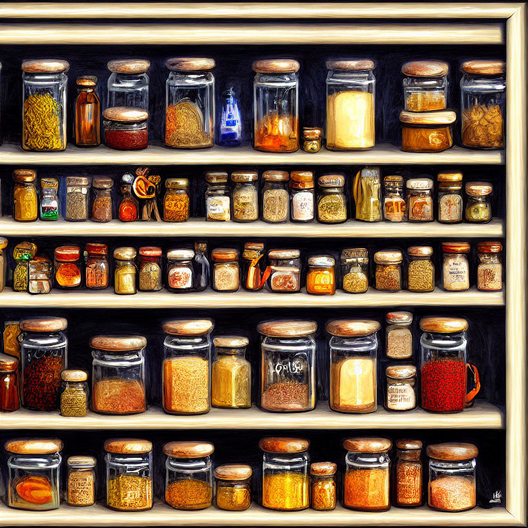 Neatly arranged spice and ingredient jars with clear labels on shelves