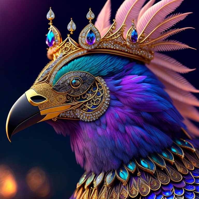 Majestic bird digital artwork with golden crown and vibrant feathers