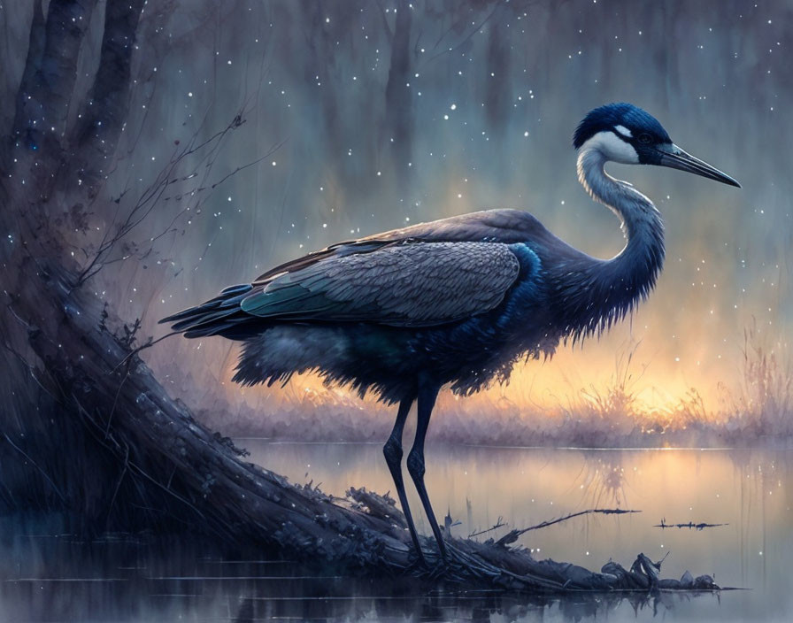 Majestic heron in serene blue and orange dusk landscape