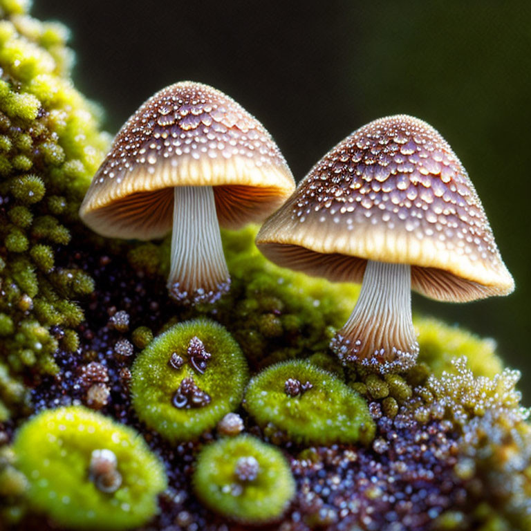 Dew-covered brown mushrooms on vibrant green moss