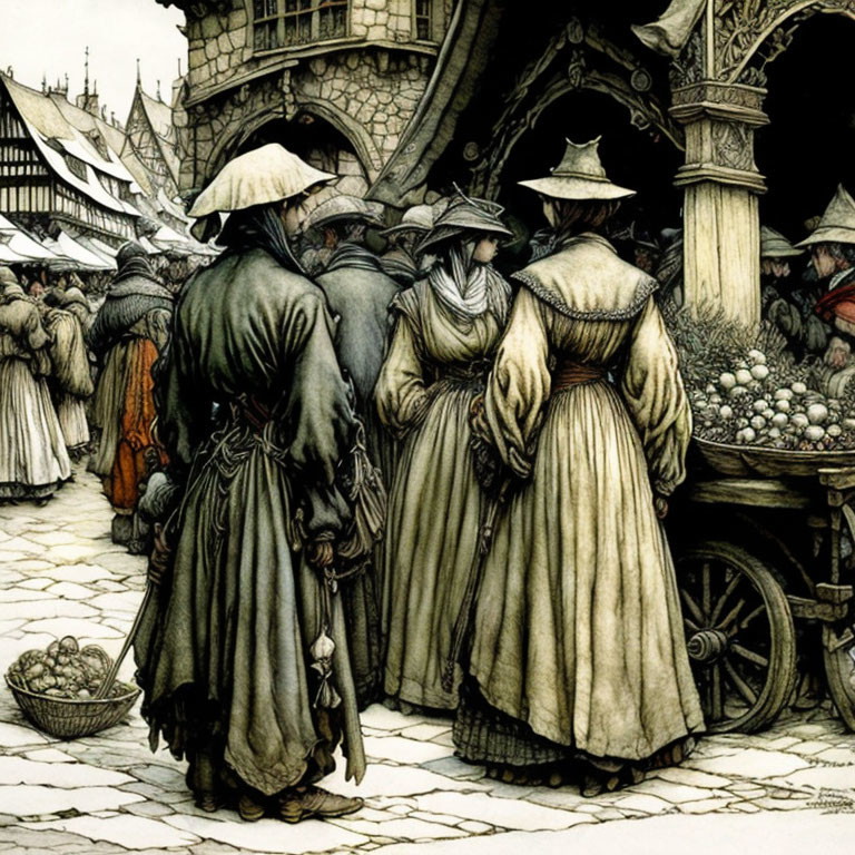 Medieval market scene with people in period clothing and stalls with goods