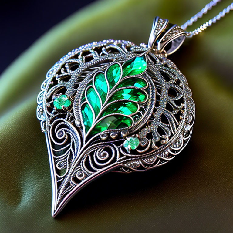 Silver Filigree Leaf Pendant with Green Gemstones on Chain