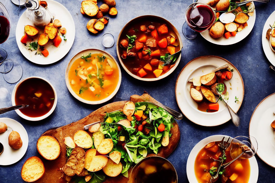 Assorted Soups, Salads, Crispy Bread, and Red Wine Spread