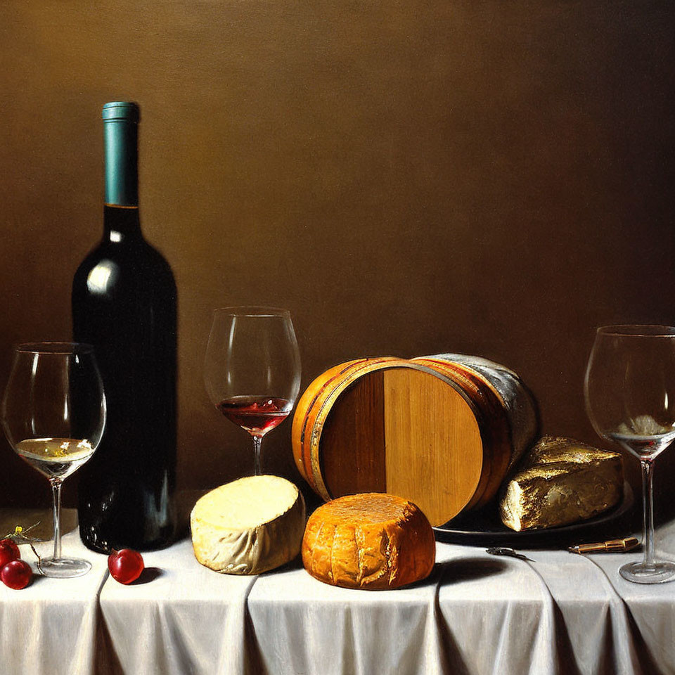 Still life painting of wine bottle, glasses, barrel, and cheese on table