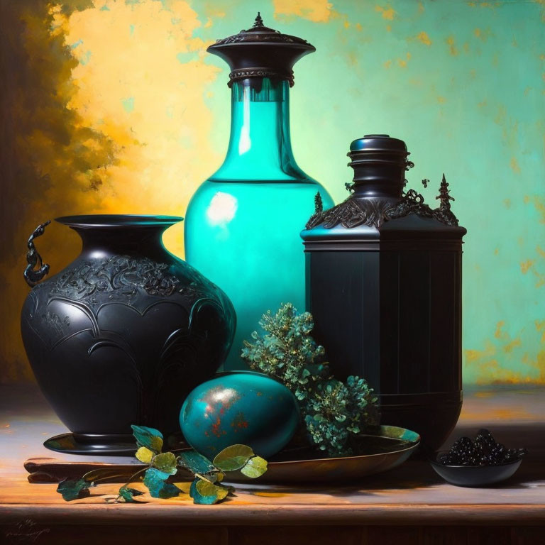 Turquoise Vase, Black Urn, Ornamental Sphere on Yellow Background