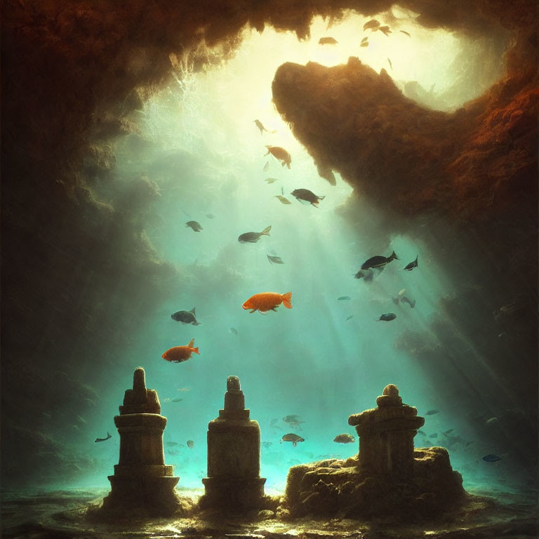 Sunlit underwater ruins with swimming fish