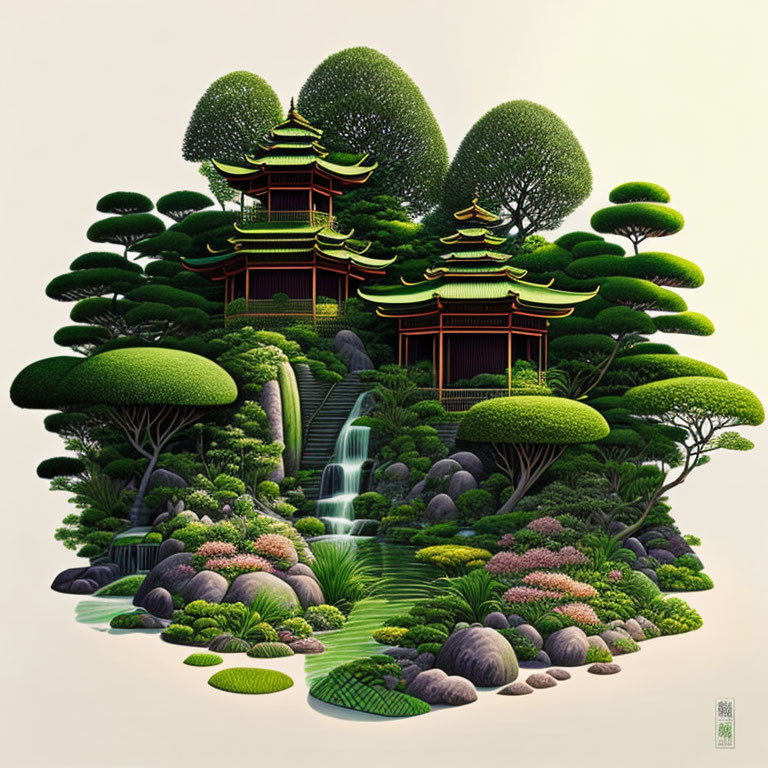 Japanese pagoda in lush greenery with waterfall