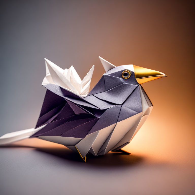 Intricately folded origami bird with white and dark grey design on warm gradient background