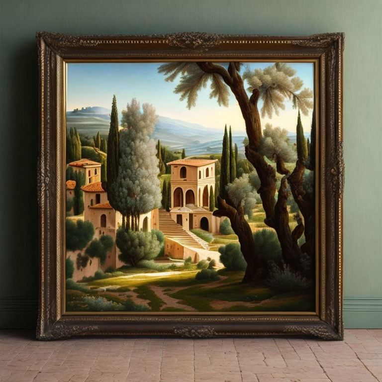 Classical landscape painting of serene villa and lush trees