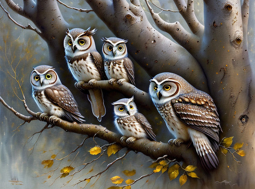 Five owls with unique patterns perched on a tree branch in a woodland setting