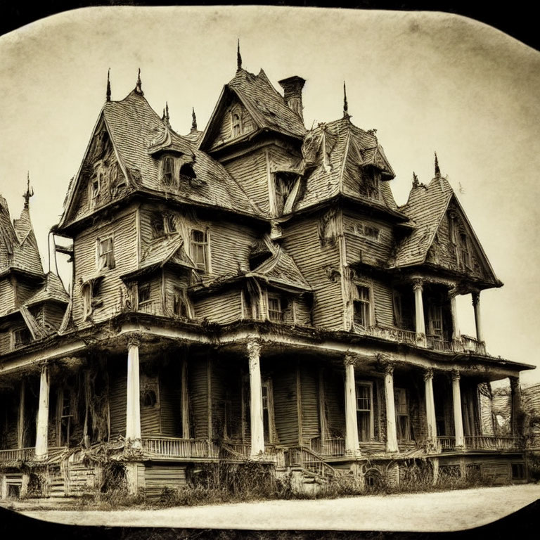 Weathered Victorian-style mansion with large porch in sepia tone