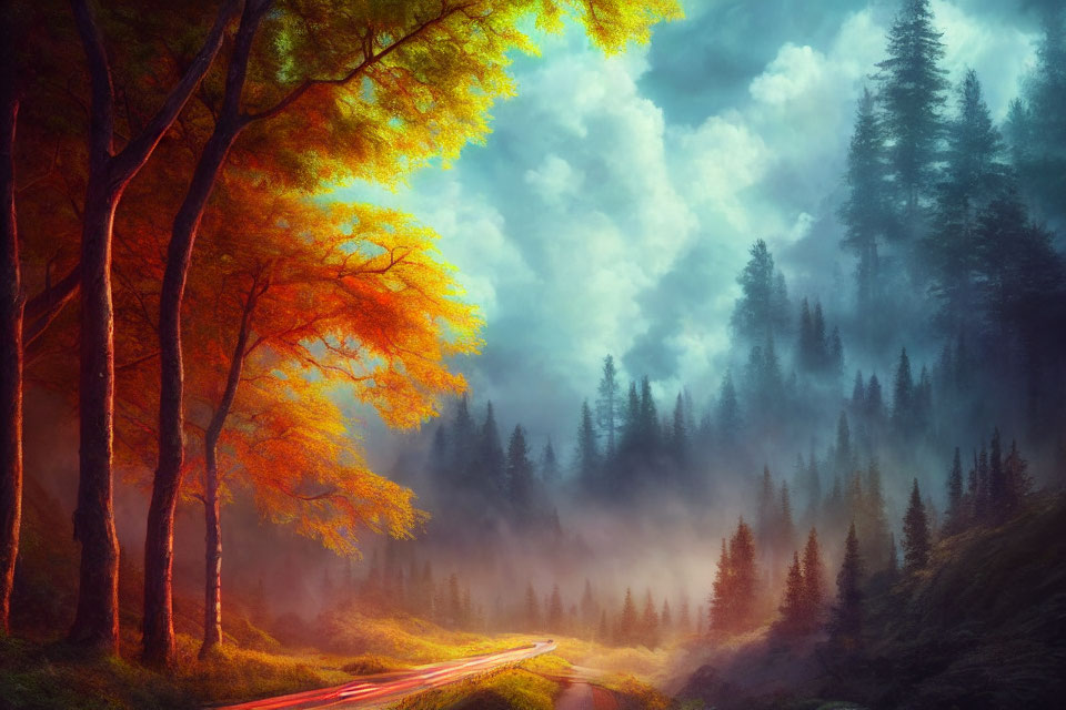 Misty forest with winding road and autumnal trees