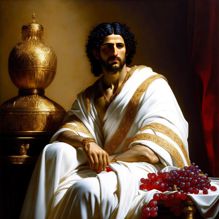 Regal individual in classical attire with gold-trimmed robe near vessel and grapes.