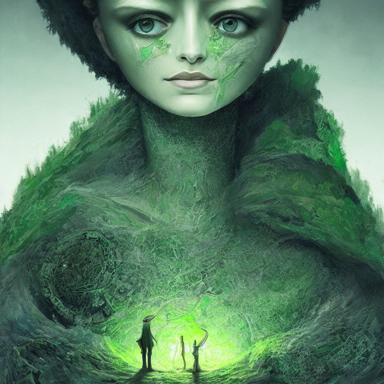 Surreal portrait of woman with green skin, moss textures, and miniature figures in a clearing