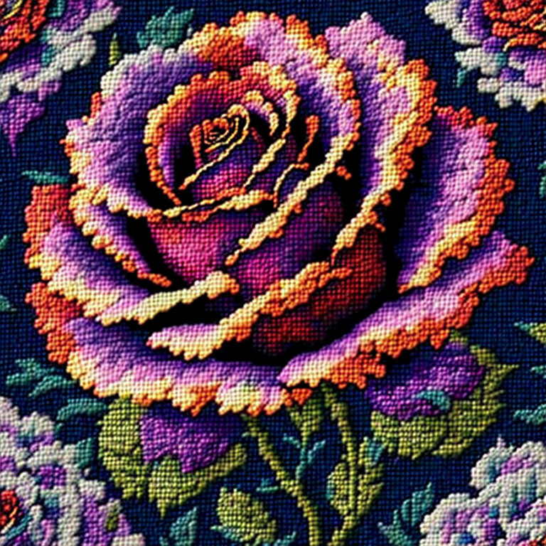 Colorful Cross-Stitched Rose on Dark Blue Background with Greenery