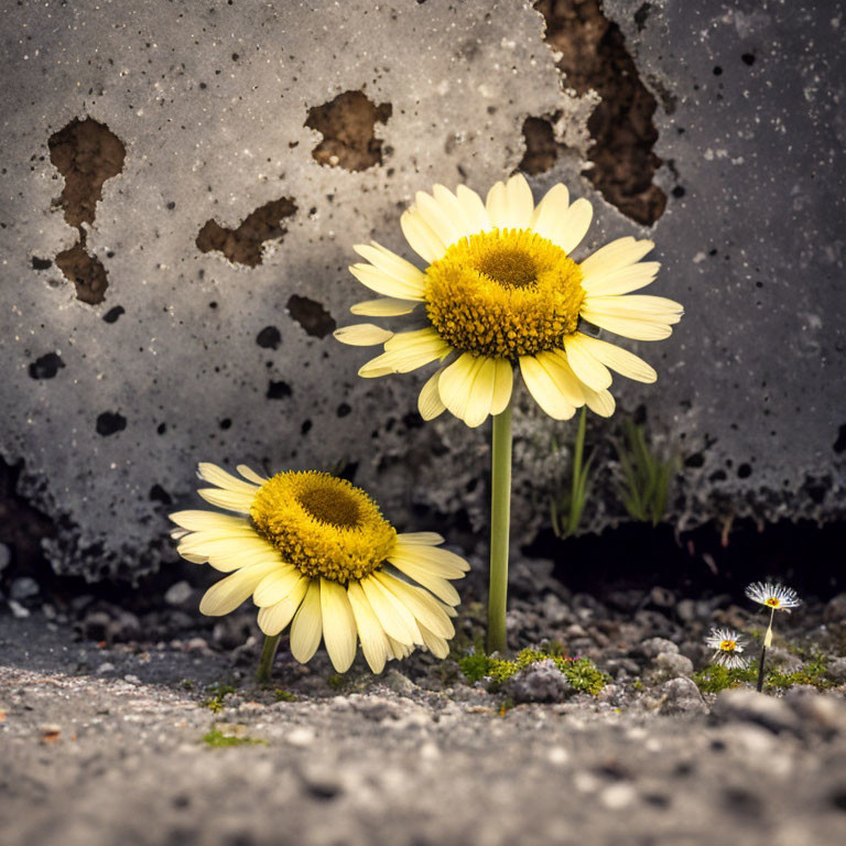 Vibrant yellow daisies on rugged grey backdrop symbolize resilience