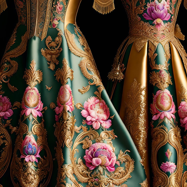 Luxurious Green and Gold Fabric with Floral Embroidery