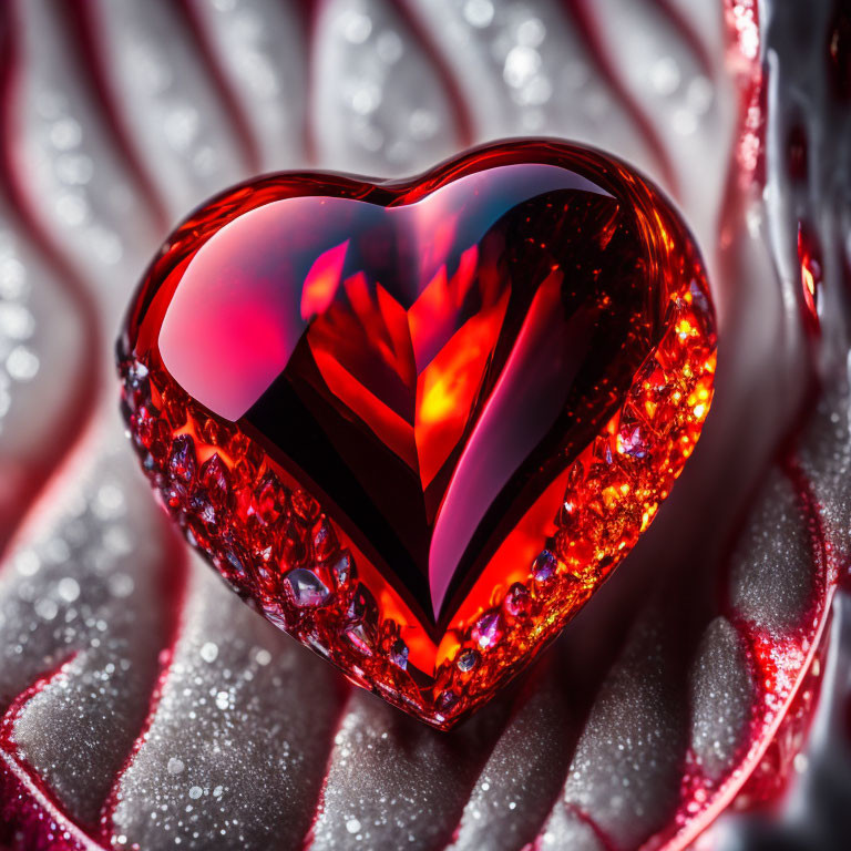 Shiny red heart-shaped gem in silver ribbed structure