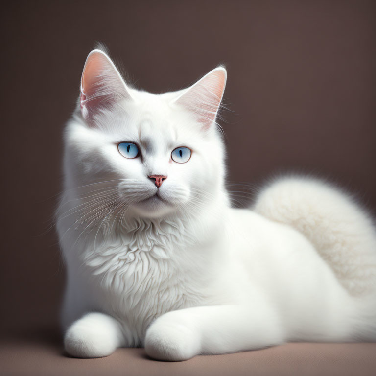 White Cat with Blue Eyes on Brown Background